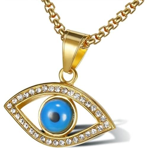 Hip Hop Iced Out Bling Blue Evil Eyes Necklaces Gold Color Stainless Steel CZ Eye Pendant Necklace Turkish Jewelry Dropshipping