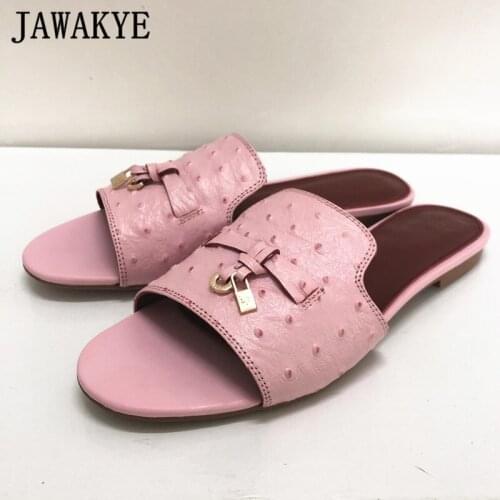 Tassel Lock Decor Women Beach Slippers Real Leather Open Toe Summer Shoes Lazy Mules Casual Flat Sandals Brand Slides Flipflops