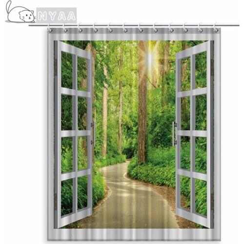 Bath Curtain 3d Printing Window Scenery Forest Shower Curtains 180*200cm Waterproof Bathroom Curtain Washable Fabric With Hooks