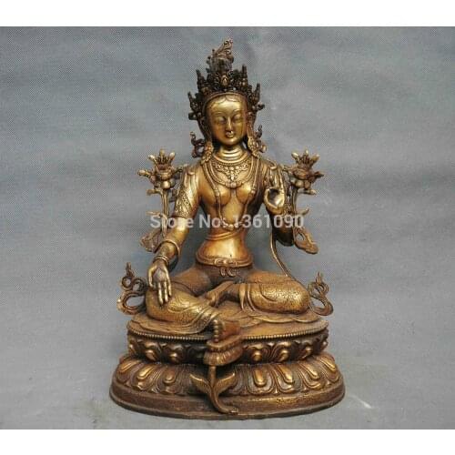 Xd 00311 14"Chinese Tibet Folk temple Bronze Gild Green Tara GuanYin Bodhisattva Statue