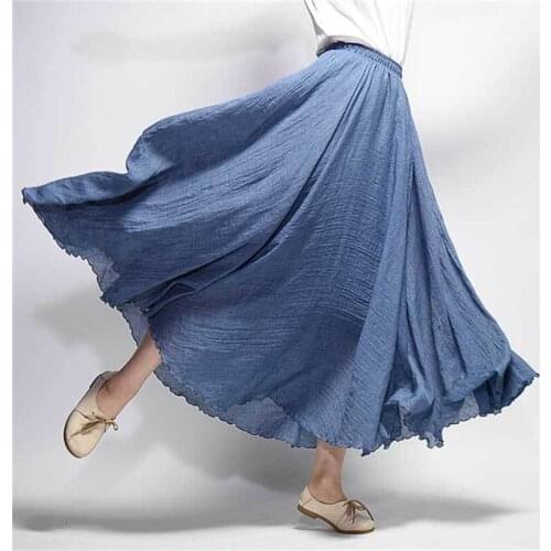 Spring Summer Women Cotton Linen Long Skirts Vintage Solid Color Loose Casual Maxi Skirts High Waist Beach Bohemian Skirts Femal