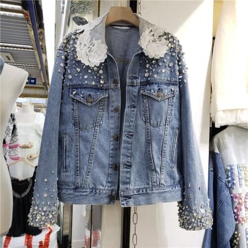 Autumn 2021 Heavy Work Diamond Beaded Sequin Women Light Blue Denim Jacket Loose Casual Lace Lapel Patchwork Female Jeans Jacket