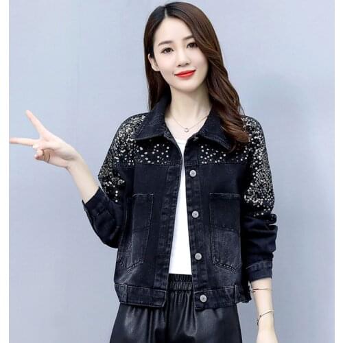 Fried Street Sequins Beaded Thin Denim Jacket Wild Spring and Autumn 2021 New Womens BF Loose Korean Top