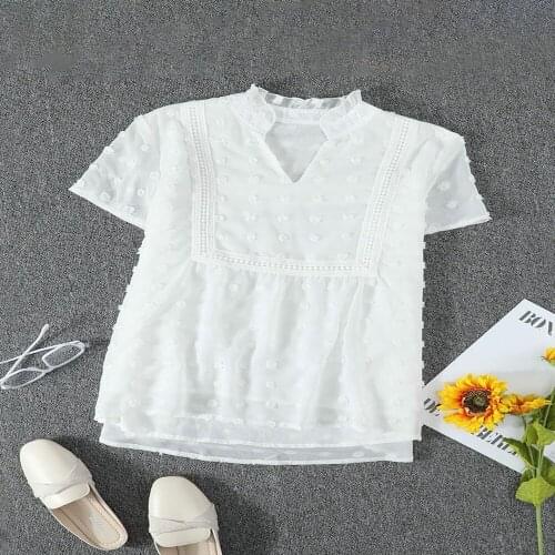 Womens Blouses Summer Hair Ball Embroidery Lace White Shirts V-Neck Short Sleeve Top Women Clothing 2021 Blusas Femme Y2k Tops