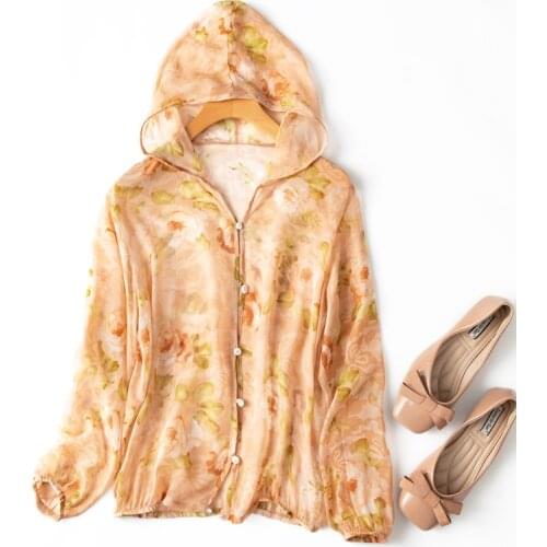 Womens 100% Mulberry Silk Thin Type Printed Button down hoodie Coat long Sleeve Top Cardigan Blouse Summer Beach Cover Up M133