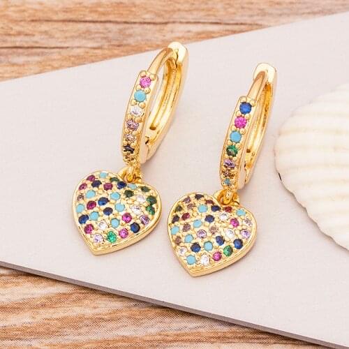Romantic Heart Statement Drop Earrings Colorful Cubic Zirconia Pendant Dangle Earrings Gold Color Jewelry Gift For Women Girls