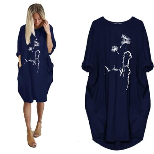 Women Casual Loose Pocket Autumn Midi Dress Cute Cat Play Dandelion Print Round Neck Long Sleeve Plus Size Dresses For Fat Girl