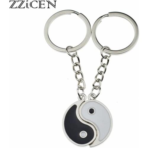 1 Pair Fashion Yin Yang Black White Enamel Tai Chi Pendant Keychain Lover Couple Best Friend Gifts Jewelry Chain Key Ring Holder