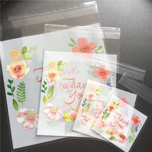 100pcs/lot 4 sizes Flower Plastic Self Adhesive Cookie Packaging Bag Wedding Candy Gift Decoration Bag Thank you Bags