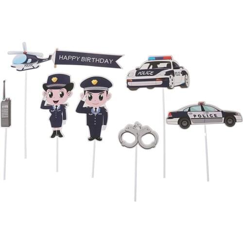 7Pcs Police Cake Toppers Policewoman Male policeman Plane handcuffs Call machine Decoration Happy Birthday Party Kids Boy Girl