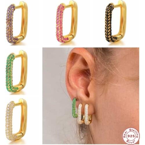 BOAKO 925 Sterling Silver Colorful Diamond Gold Hoop Earrings For Women Cubic Zirconia Jeweled Geometric Rectangle Earring 1PC