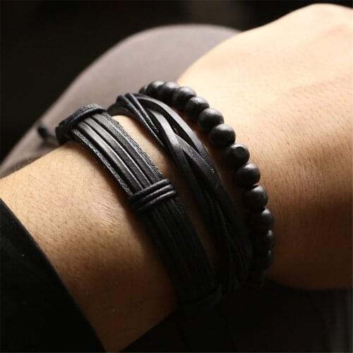 New Multi-layer Handmade Weave Black Wood Beads Brown Genuine Men Leather Bracelets Women Bangles Homme Male Gift Jewelry