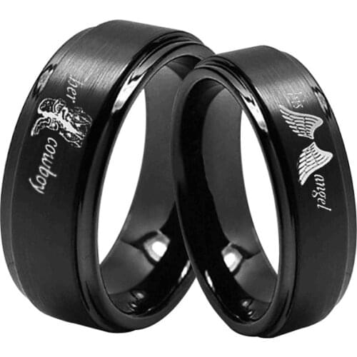 Black Men Women Couple Ring Engraved His Angel Her Cowboy For Wedding Engagement Party Jewelry Stainless Steel
