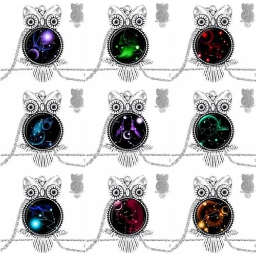 EJ Glaze For Women 12 Constellations Jewelry Plated Glass Cabochon Choker Long Pendant Owl Necklace