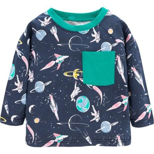 Jumping Meters Boys Girls Space T shirts for Autumn Spring Cotton Childrens Clothing Pockets Toddler Tops Tees For Kids