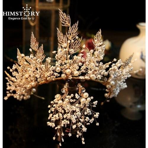 HIMSTORY Gorgeous Handmade Royal Wedding Tiara Crowns with Earring Brach Brides Headbands Evening Hair Jewelry Hair Accessories