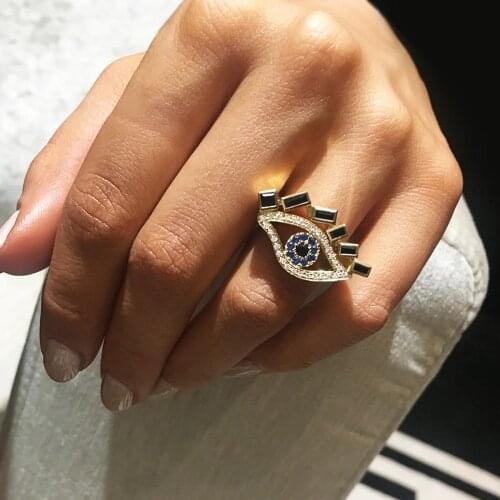 Huitan New Luxury Gold Color Unique Eye Shape Ring for Female Fashion Cocktail Party Personality Accessories Women Rings Jewelry