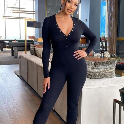 Sexy Button V-neck Rompers Womens Jumpsuit Long Sleeve Fitness Elastic Bodycon Sporty Workout Fitness Overalls for Women Mono