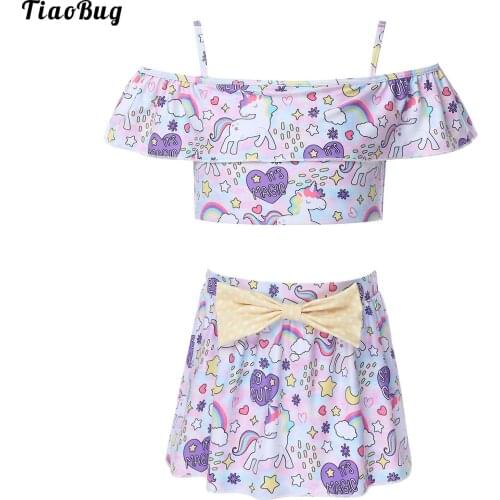 2Pcs Kid Girl Summer Cartoon Printed Swimming Suit Slash Neck Ruffle Hem Cropped Top And Bowknot Skirt With Built-In Briefs Suit