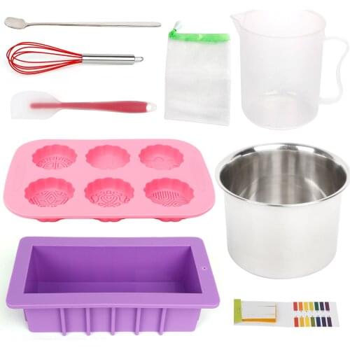 Soap Making Supplies Tool Kits with Silicone Soap Molds Measuring Cup Stainless Steel Mixing Cup DIY Soap Silicone Mould Set
