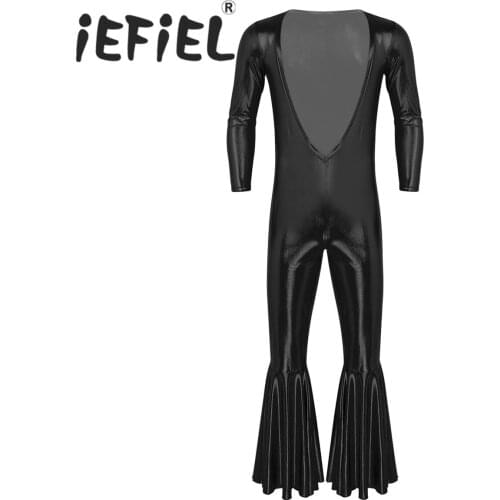 Fashion Mens Shiny Metallic Deep V Neck Open Chest Long Sleeves Bell Bottom Flare Catsuit Performance Leotard Bodysuit Clubwear