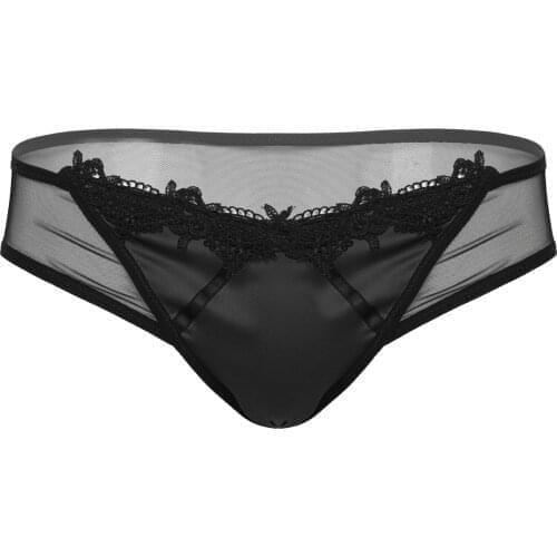 Mens Exotic Panties See-through Mesh Briefs Lace Trim Satin Patchwork Low Waist Elastic Briefs Sissy Gay Underwear Underpants