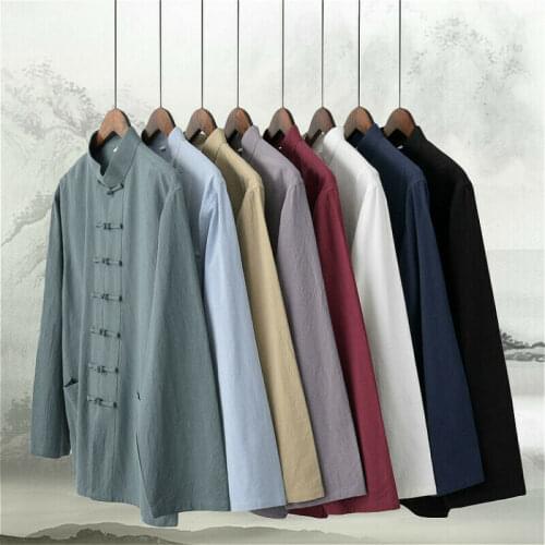 Mens Chinese Tang Cotton Linen Kung Fu Shirt Solid Long Sleeve Button Top Blouse