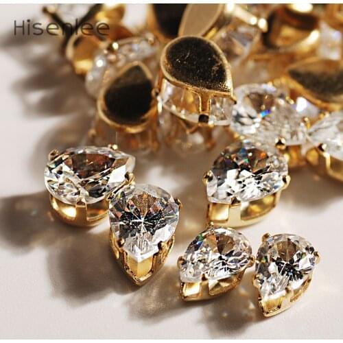 Hisenlee AAA 5*7mm Crystal Clear Drop Shape Exquisite 3D Cubic Zirconia Gem Golden Single Claw Set DIY Crystal Stone 50pcs