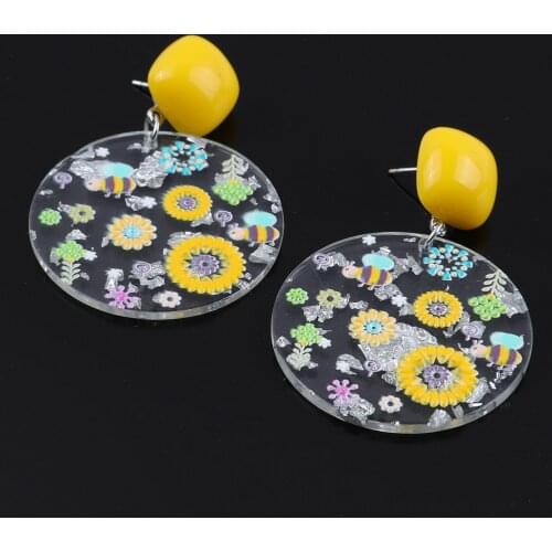 New Fashion Transparent Round Flowers Figure Pattern Printing Acrylic Earrings For Women Girls Long Dangle Earrings Jewelry