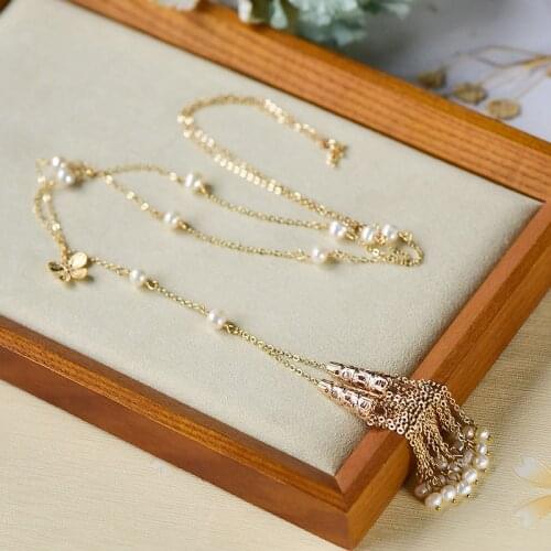 Natural Pearl Choker Tassel Necklace Gold Color Beads Goth Sweater Chain Jewelry Butterfly Pendant Necklace For Girl