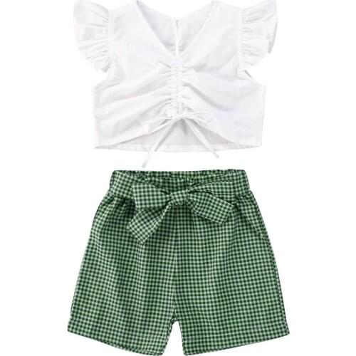 Pudcoco Toddler Baby Girl Clothes Set Summer Kids Short Ruffles Sleeve Tshirt Tops + Plaid Shorts Bow Pants Casual Outfits