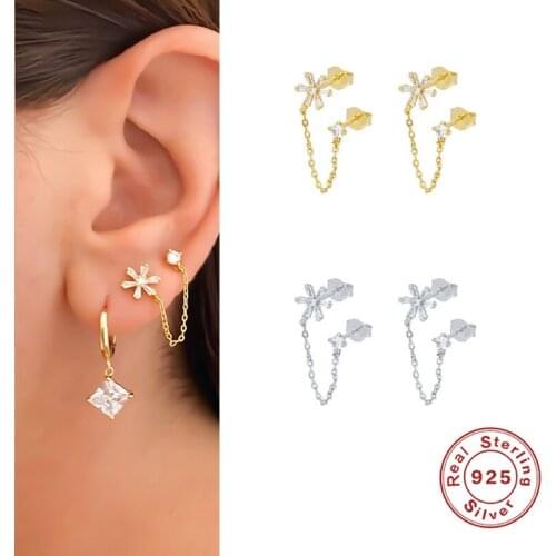 Korean Fashion Flower Zircon Chain Earings Trendy Geometric Rhinestone Earrings For Women Personality boucle doreille femme
