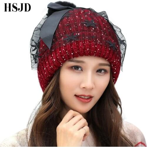 Retro Princess Hat Womens Winter Knitting Mesh hats Beanies face veil net yarn Cap Skullies Knitted Hat for Girls gorros female