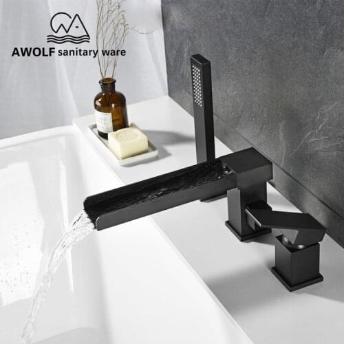 Bathroom Modern Bathtub Waterfall Faucet Shower Hot Cold Mixer Faucet Tap Solid Brass Deck Mounted Chrome Black AH3041
