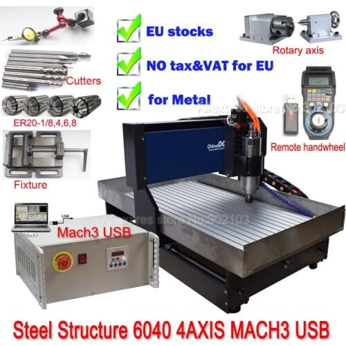 Steel CNC Router Engraving Machine mini CNC 6040 4Axis Lathe Machine Metal 2.2KW MACH3 USB Router Steel Structure version