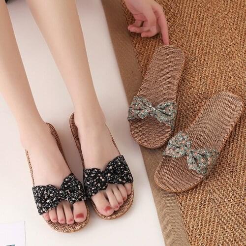 Suihyung Summer Floral Bow Slippers For Women New Girls Casual Slides Breather Flax Indoor Shoes Flip Flops Female Flat Sandals