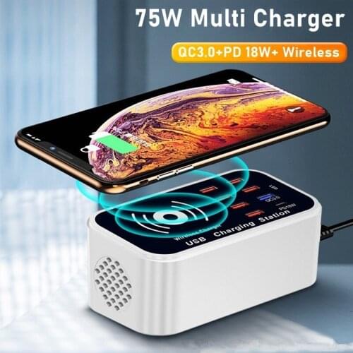 Universal 75W Multi USB Charger Wireless Charger 7 Ports Quick Charge QC3.0 PD Fast Charging Station For Samsung Iphone Xiaomi