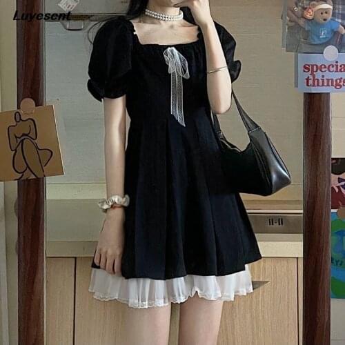 Vintage Black Lady Gothic Square Collar Mini Dress White Mesh Puff Short Sleeve Women Elegant Bow Dresses High Waist Vestidos