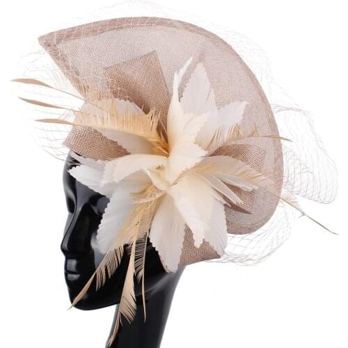 Ladies Fascinators Hat wedding vintage feather Flower Hair Accessories Imitation Sinamay Dark peach church Cocktail headpieces