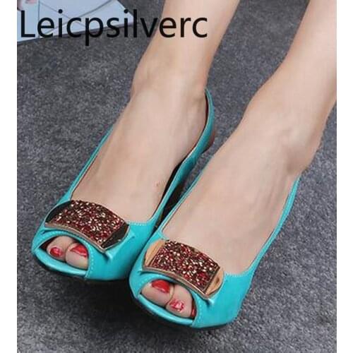 Womens Sandals summer Fish mouth Thick heel Shallow mouth fashion Rhinestone Buckle Womens shoe plus size 32-43