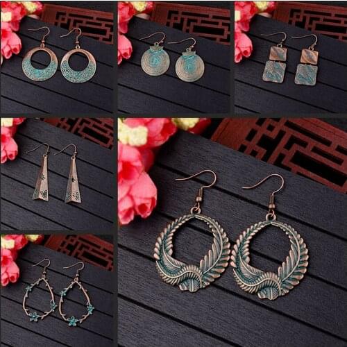 Amader Vintage Geometric Bohemian Bronze Drop Earrings Women Retro Verdigris Round Earrings Eardrop Fashion Jewelry Oorbellen