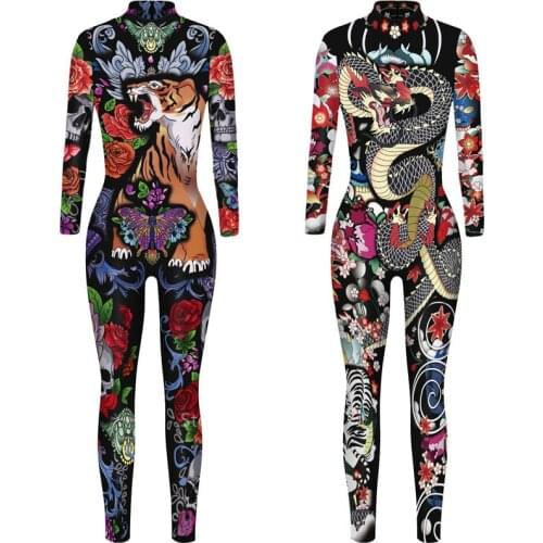Japanese Skull Halloween Cosplay Costume Women Men Jumpsuit Underworld Tattoo Ethnic Dragon Skeleton Totem Geisha Zentai Outfits