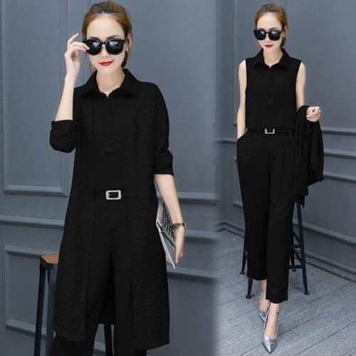 Womens Suit Long-sleeved Lace Coat Chiffon Shirt Trousers Temperament Slim Fashion Three-piece Suit Female Spring And Autumnnew