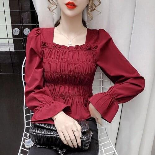 Fall 2020 Long Sleeve Woman Square-Neck Shirt Puff Sleeve Flared Top Blusas Ropa De Mujer