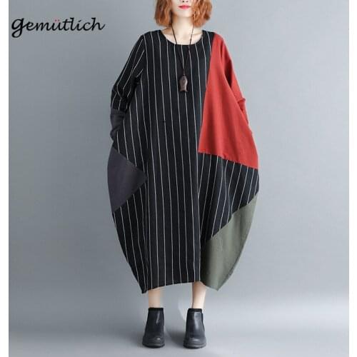 GEMUTLICH Big Size Spring Summer Cotton Linen Casual Dress Patchwork Loose Long Women Striped Dress 4XL 5XL Over Size
