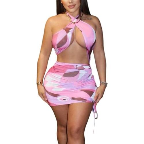 Female Bodycon Slim Drawstring Party Club Mini Dress Floral Print Sleeveless Halterneck One-Piece Hollow Out Sundress for Summer