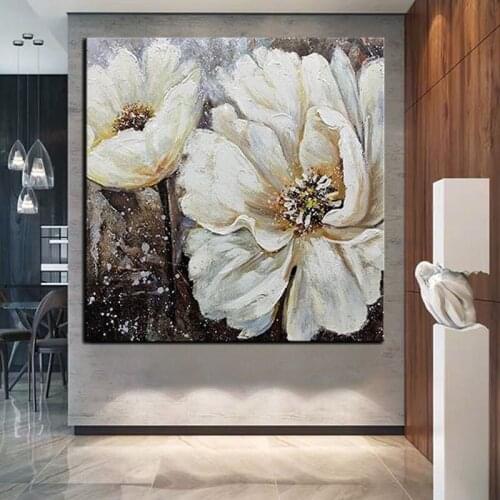 100% Handmade Floral Abstract Oil Painting Modern Wall Art Retro White Flowers No Frame Wall Pictures Home Decoration Painting