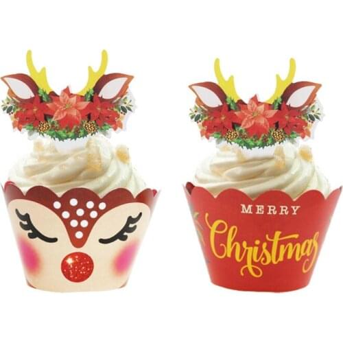 12set Cartoon Red Elk Xmas Cupcake Wrappers Merry Christmas Kids Favor New Year Party Double Side Cupcake Decoration Supplies