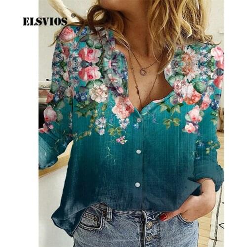 Plus Size Casual Loose Women Blouse Spring Autumn Turn-down Collar Long Sleeve Buttons Top Vintage Fashion Digital Print Blouses