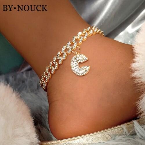 Crystal Baguette Letters Miami Cuban Anklet For Women Iced Out A-Z Initials Cuban Link Chain Anklets Bracelet Punk Party Jewelry